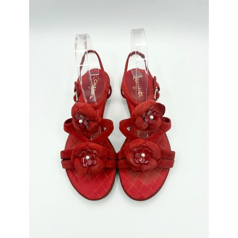 Chanel Red Suede Sandals w/ Camelia Flower Accents Pearls T Strap Size EU 37